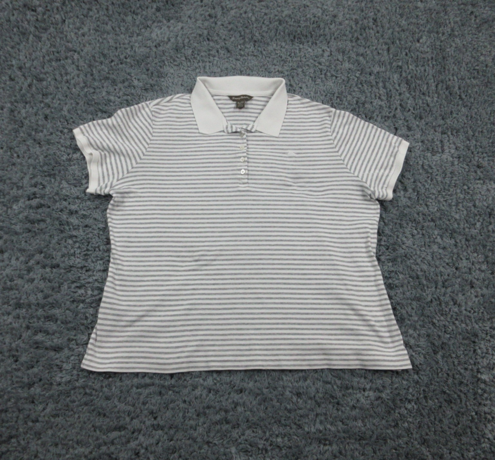 Tommy Bahama Polo Shirt Womens XL White Gray Striped Collared Cotton Casual Top
